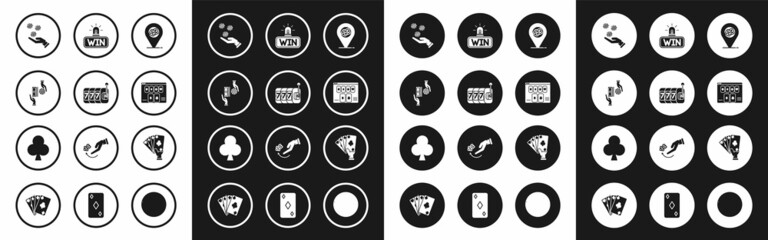 Set Casino location, Slot machine with lucky sevens jackpot, chips exchange stacks of dollars, Hand holding casino, Online poker table game, win, playing cards and Playing clubs symbol icon. Vector