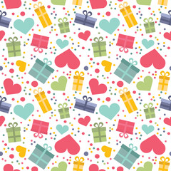 Seamless pattern with gift boxes and hearts.