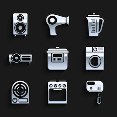 Set Slow cooker, Oven, Electric mixer, Washer, heater, , Measuring cup and Stereo speaker icon. Vector