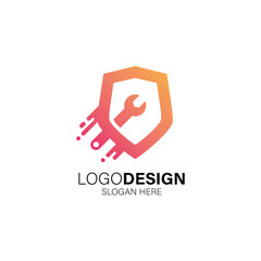 Shield and wrench for repair and protection logo design