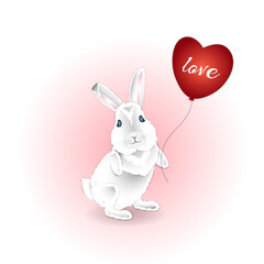 Cute fluffy bunny holding a heart-shaped balloon. The word love on the red ball. Vector illustration for greeting card, poster, or print.