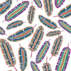 Modern abstract seamless pattern with creative colorful tropical leaves. Retro bright summer background. Jungle foliage illustration. Swimwear botanical design. Vintage exotic print.	