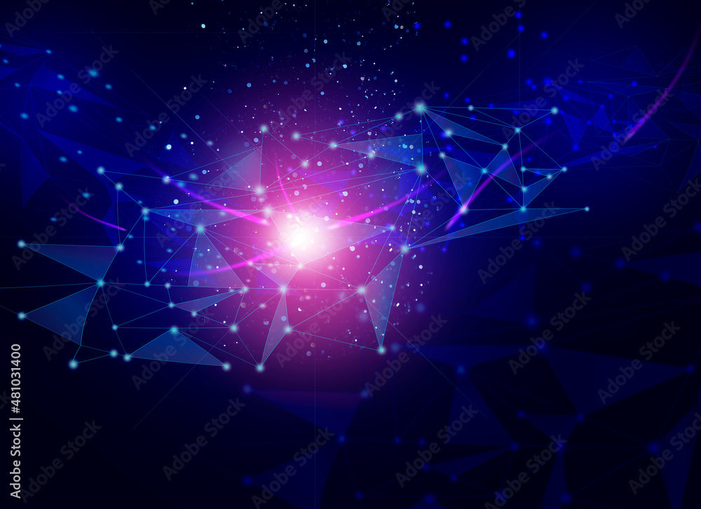 Poster abstract background with connected lines and dots on a dark blue background. wireless connection ill