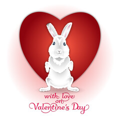 Fluffy bunny on the background of a red heart. Valentine's Day card with love. Paper cut style. Vector illustration.