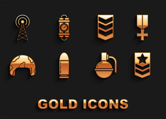 Set Bullet, Military reward medal, Chevron, Hand grenade, helmet, rank, Radar and Detonate dynamite bomb stick timer clock icon. Vector