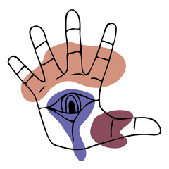 Open hand with fingers splayed and magic all seeing eye. Palm on abstract spots background.