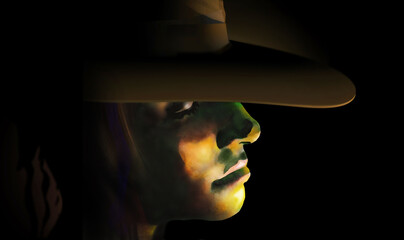 A young woman wears of wide brim hat in a portrait that has dramatic lighting. This is a 3-d illustration.