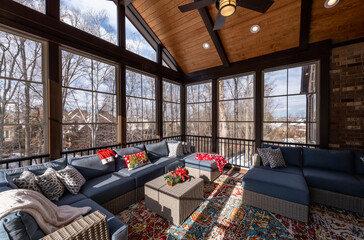Cozy screened porch winter during Holidays season, snowy roofs and woods in the background.