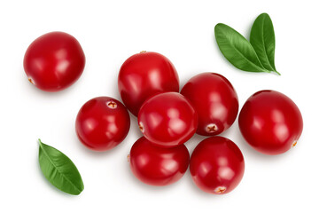 Cranberry with leaves isolated on white background with clipping path and full depth of field. Top view. Flat lay
