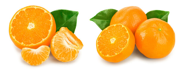 tangerine or mandarin fruit with leaves isolated on white background. Set or collection