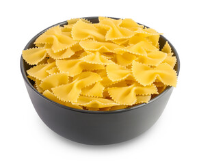 Bow tie pasta in the bowl isolated on white background with clipping path and full depth of field.