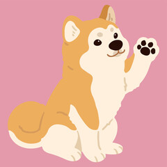 Simple and adorable flat colored Akita Dog sitting and waving