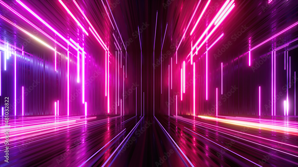 Poster 3d render, abstract neon background with glowing lines, empty room with floor reflections