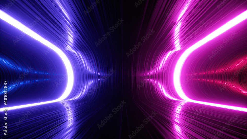Poster 3d render, abstract neon background with glowing lines, empty space with light reflections