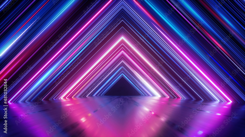 Aufkleber 3d render, abstract neon background with colorful glowing lines, triangular geometric shape, empty s