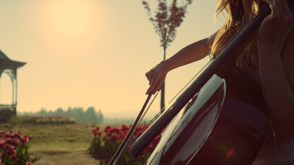 Enthusiastic cello player rehearsing performance in red flower garden outdoors. © stockbusters