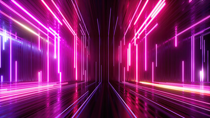 3d render, abstract neon background with glowing lines, empty room with floor reflections