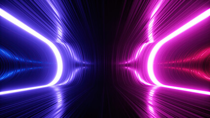 3d render, abstract neon background with glowing lines, empty space with light reflections