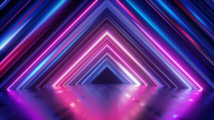 Naklejka premium 3d render, abstract neon background with colorful glowing lines, triangular geometric shape, empty stage