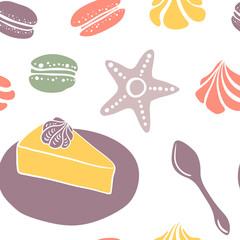 Seamless pattern with pastry and desserts. Colorful paper cut collection of bread and desserts isolated on white background. Doodle hand drawn bakery products icons. Vector illustration