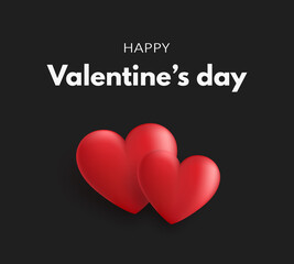 Happy Valentines day banner with two red 3d hearts on a black background. Vector illustration