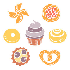 Colorful paper cut collection of pastry and desserts isolated on white background. Doodle hand drawn bakery products icons. Vector illustration