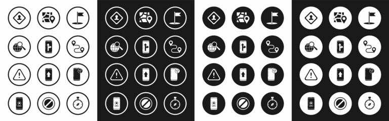 Set Flag, Infographic of city map navigation, Magnifying glass with globe, Road traffic sign, Route location, Folded marker, and Exclamation triangle icon. Vector