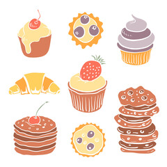 Colorful paper cut collection of pastry and desserts isolated on white background. Doodle hand drawn bakery products icons. Vector illustration
