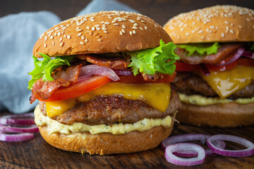 Delicious beef hamburger with bacon slice, cheese, lettuce and tomato. Tasty fastfood burger