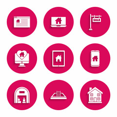 Set Tablet and smart home, Swimming pool with ladder, Home symbol, Mobile phone, Warehouse, Monitor heart shape, Hanging sign text Sale and Online icon. Vector