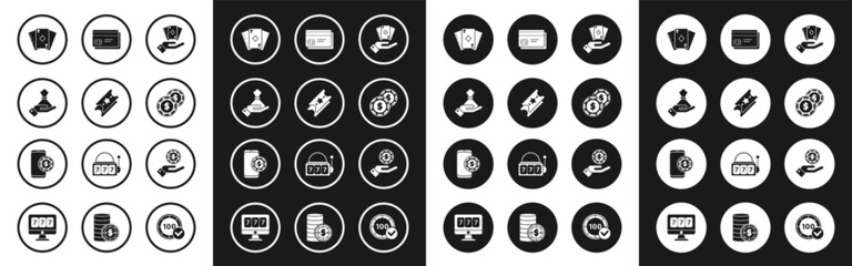 Set Hand holding deck of playing cards, Lottery ticket, money bag, Playing with diamonds, Casino chip dollar, Credit, casino chips and Online poker table game icon. Vector