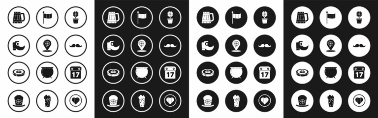 Set Four leaf clover in pot, Location and four, Tradition leprechaun boots, Wooden beer mug, Mustache, National Ireland flag, Saint Patrick's day with calendar and Gold coin icon. Vector