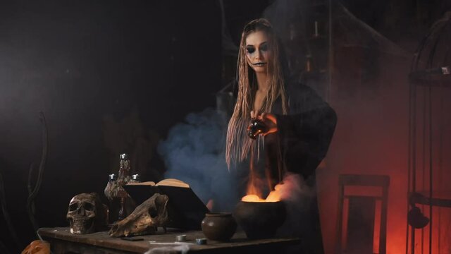 Halloween, witch use magic book and cauldron prepare poison or love potion. Black magic occult female wizard in dark room cage spider web human skull Necromancer Side view copy space. Handheld