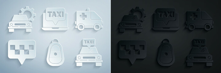 Set Car key with remote, Ambulance and emergency car, Map pointer taxi, Taxi, Laptop call service and icon. Vector
