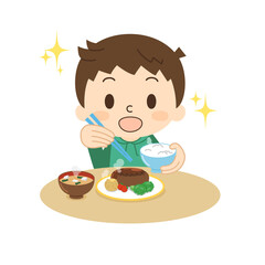 笑顔で食事をする男の子 ハンバーグ