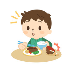 食事中によそ見をして味噌汁をこぼす男の子