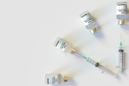 Clock face made with HSV vaccine vials and syringes. Vaccination time concept. Conceptual medical 3D rendering