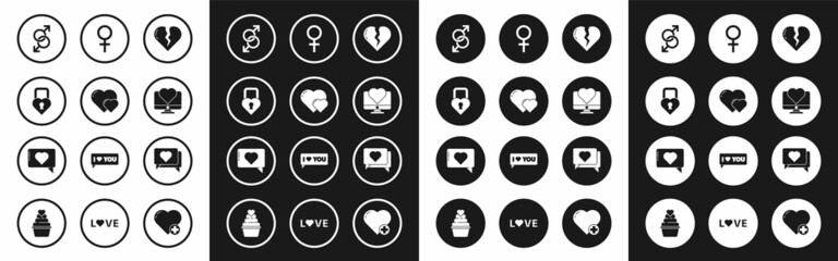 Set Broken heart or divorce, Heart, Castle in the shape of, Male gender symbol, Computer monitor with, Female, Like and and icon. Vector