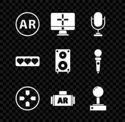 Set Ar, augmented reality, Computer monitor, Microphone, Gamepad, Joystick for arcade machine, Like and heart and Stereo speaker icon. Vector
