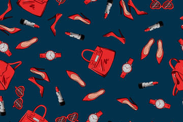Seamless pattern of woman accessories, color vector illustration
