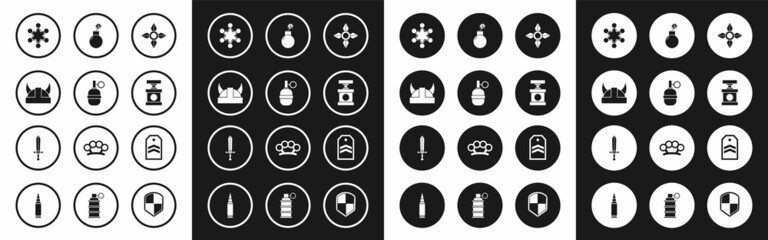 Fototapeta premium Set Japanese ninja shuriken, Hand grenade, Viking horned helmet, Police badge, Handle detonator for dynamite, Bomb ready explode, Chevron and Medieval sword icon. Vector