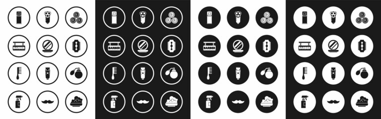 Set Towel rolls, Makeup powder with mirror, Barbershop, Shaving gel foam, Blade razor, Electric blade for men, Aftershave bottle atomizer and Hairbrush icon. Vector