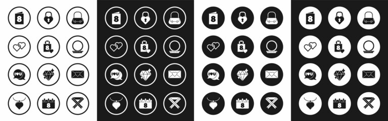 Set Handbag, Shopping with heart, Two Linked Hearts, Greeting card 8 March, Makeup powder mirror, Castle the shape of, Envelope and Speech bubble I love you icon. Vector
