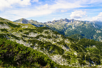 Rocky mountain peaks in the Julian Alps in Slovenia near the Vogel hill. Summer mountains and landscape over Lake Bohinj.