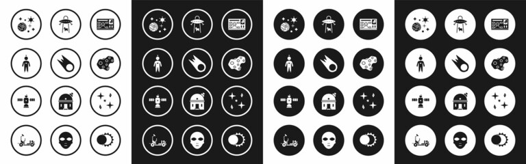 Set Futuristic hud interface, Comet falling down fast, Astronaut, Space and planet, Asteroid, UFO abducts cow, Falling stars and Satellite icon. Vector