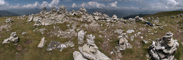 Stacked stones on the Pizol 5-Lakes walk, Swiss Alps