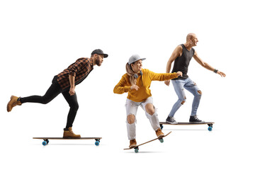 One female and two men riding skateboards