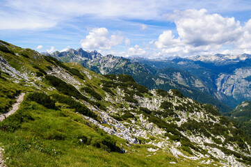 Fototapeta na wymiar Rocky mountain peaks in the Julian Alps in Slovenia near the Vogel hill. Summer mountains and landscape over Lake Bohinj.