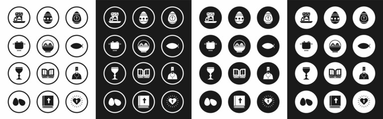 Set Easter egg, Basket with easter eggs, Egg in hot pot, cake and, Christian fish, Priest and Wine glass icon. Vector