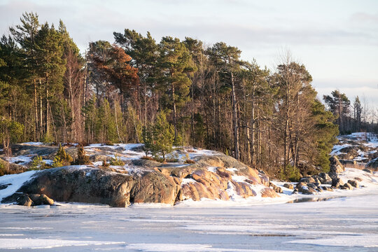 A view of a small island across a frozen river during a sunny winter day.